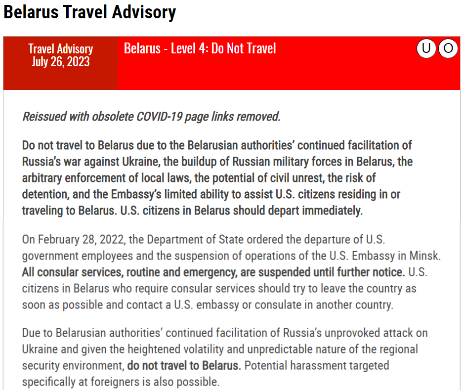 Department of State, Belarus Travel Advisory, Do Not Travel to Belarus. 