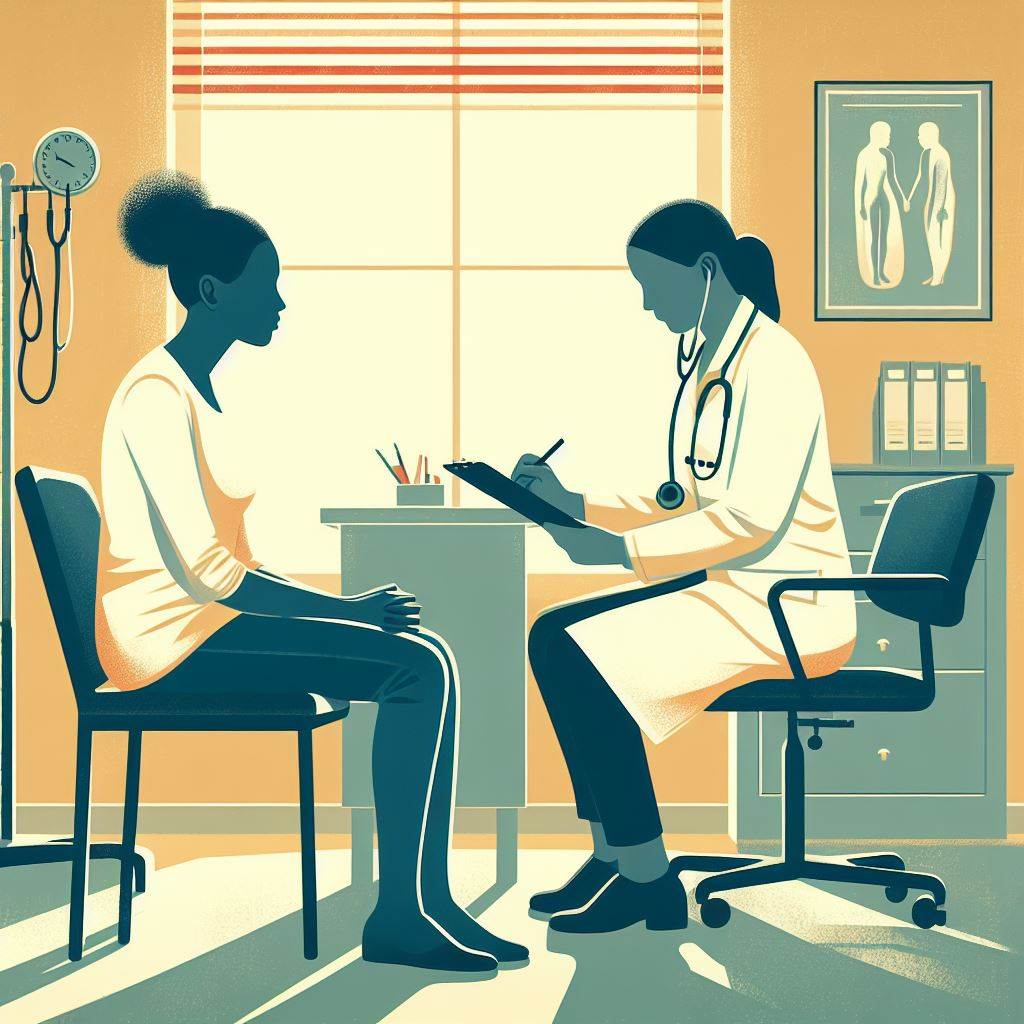 woman sitting in a chair talking to her doctor